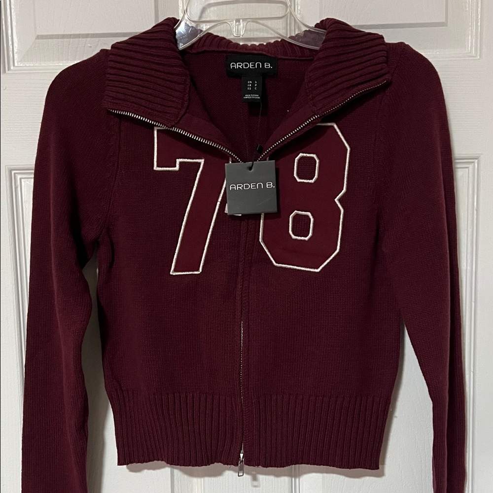 Arden B Burgundy Zip-Up Cardigan Sweater with White 78 Appliqué